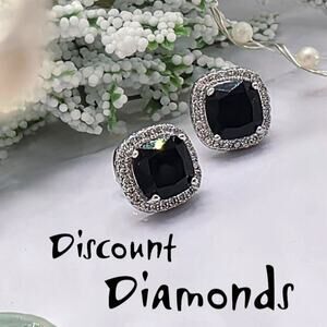 Black Princess Cut Sapphire & White Baguette Diamond Earrings  on 925 Silver